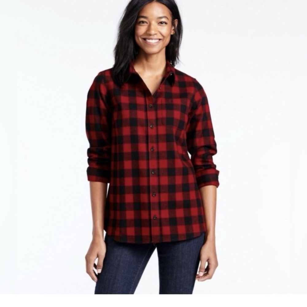 LL Bean Red Buffalo Check Plaid Cotton Flannel Shirt Relaxed Fit Pocket Size XL